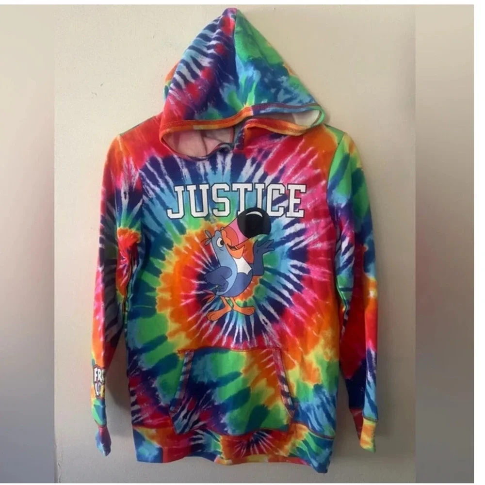 Justice Fruit Loops Rainbow Tie Dye Hoodie Toucan Sam Fall Pullover Sz L NWT